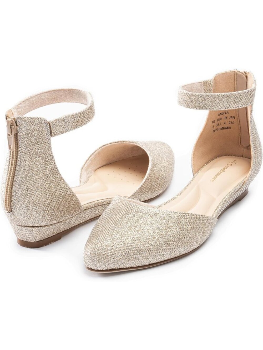 Women's Gold Glitter Leather Flats Ankle Strap Comfortable Toe Dress Shoes